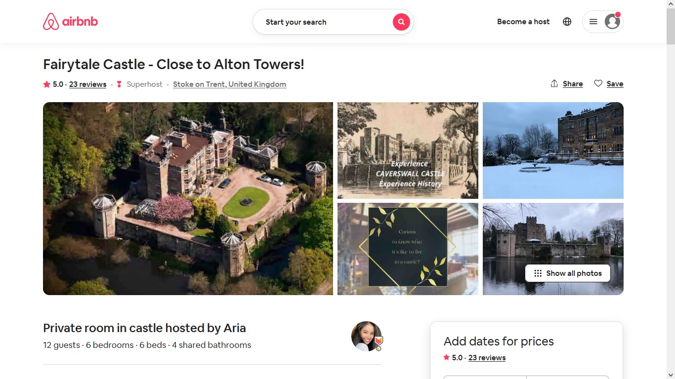 image of the Caverswall Castle Airbnb webpage