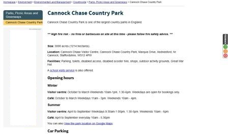 image of the Stafford County Council web page for Cannock Chase