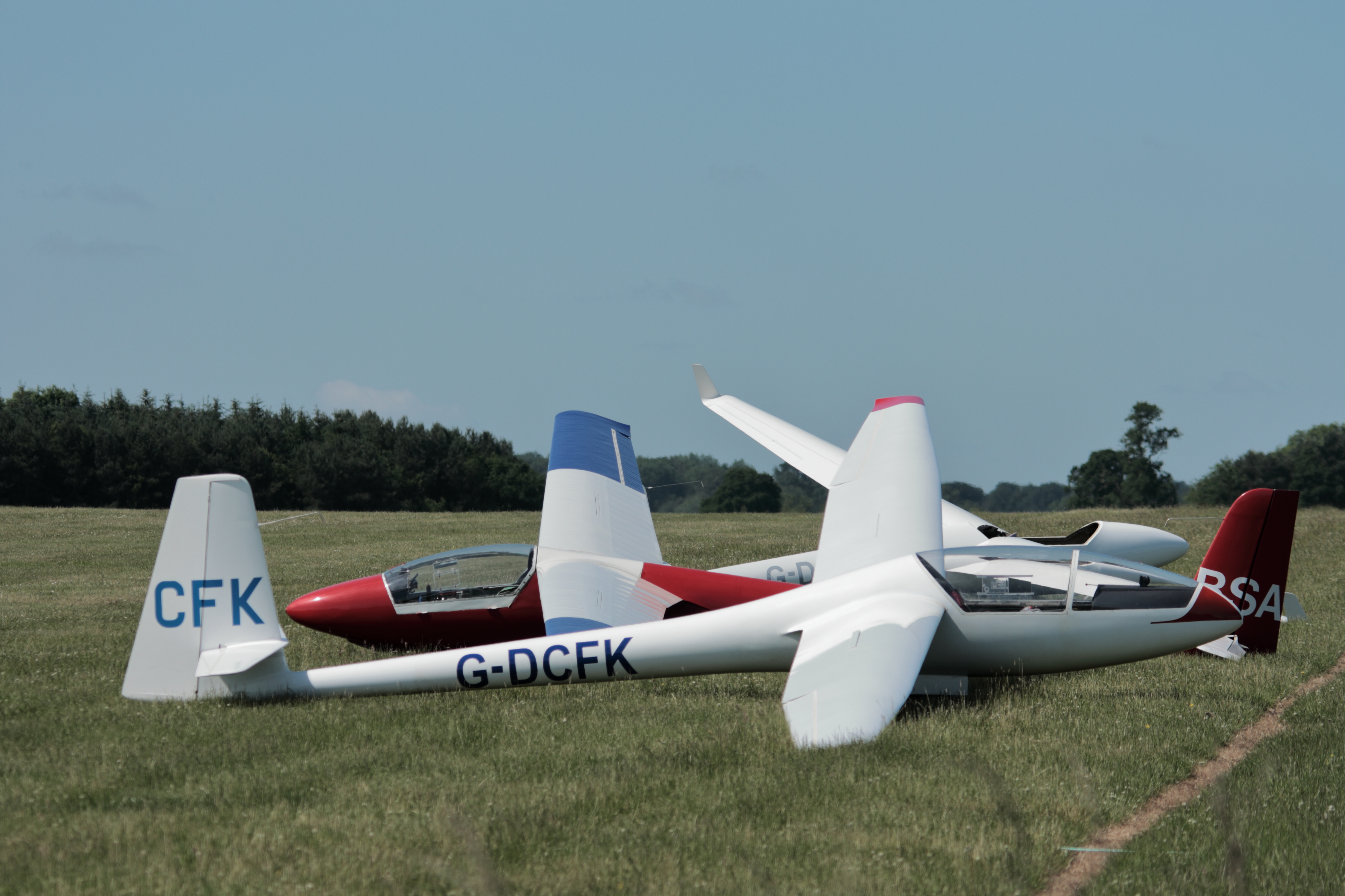 image od gliders at rest on a grass airfield