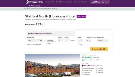 image of the Premier Inn Stafford North (Hurricane) website